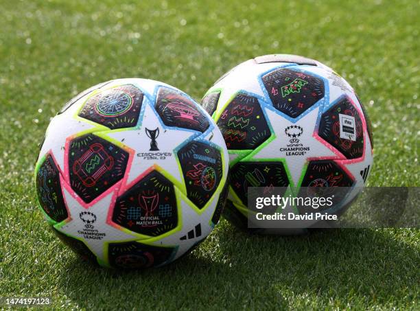 Women's UEFA Champions League Adidas balls during the Arsenal Women's training session at London Colney on March 16, 2023 in St Albans, England.