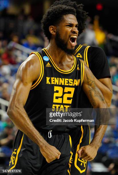 Spencer Rodgers of the Kennesaw State Owls celebrates against the Xavier Musketeers during the second half in the first round of the NCAA Men's...