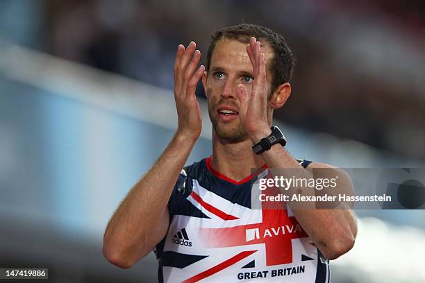 Rhys Williams of Great Britain celebrates winning gold in the Men's 400 Metres Hurdles Final during day three of the 21st European Athletics...