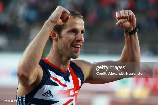 Rhys Williams of Great Britain celebrates winning gold in the Men's 400 Metres Hurdles Final during day three of the 21st European Athletics...