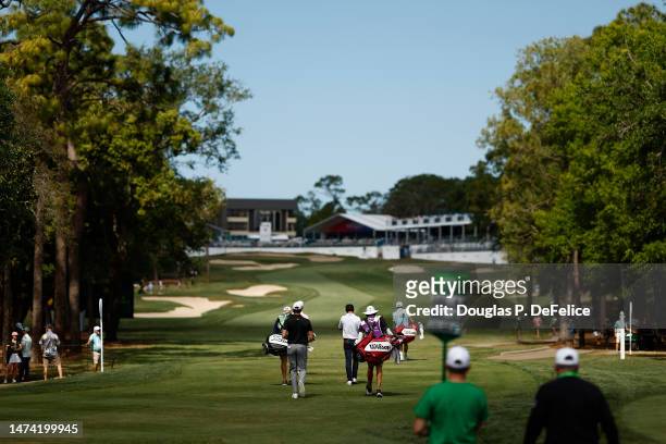 Martin Trainer of the United States, Kevin Streelman of the United States and Cody Gribble of the United States walk up the 18th hole with their...