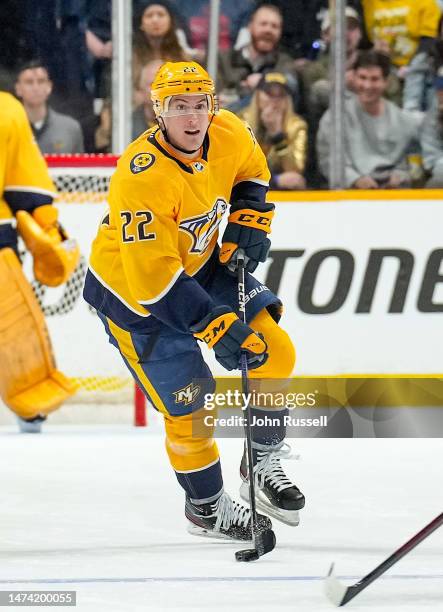 Tyson Barrie of the Nashville Predators skates against the Chicago Blackhawks during an NHL game at Bridgestone Arena on March 16, 2023 in Nashville,...