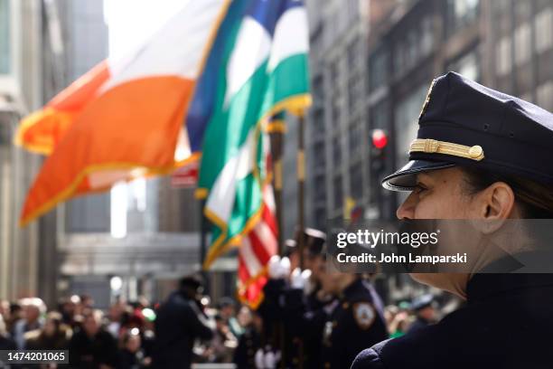 Parade participants march in the St. Patrick's Day Parade up 5th Ave. On March 17, 2023 in New York City.