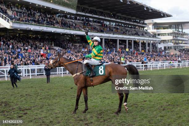 Jockey, Aidan Kelly on Iroko celebrates winning the Martin Pipe Conditional Jockeys Handicap Hurdle during day four, Gold Cup Day, of the Cheltenham...