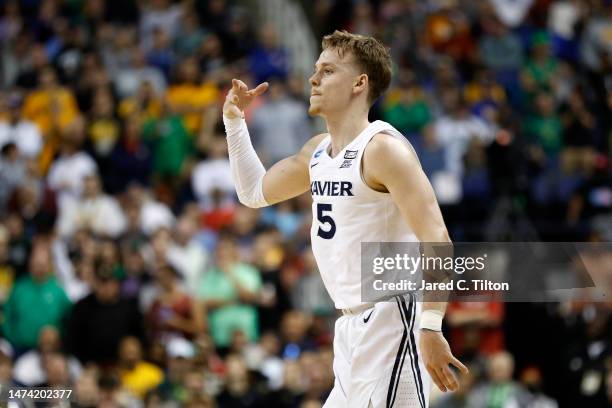 Adam Kunkel of the Xavier Musketeers celebrates after scoring against the Kennesaw State Owls during the second half in the first round of the NCAA...