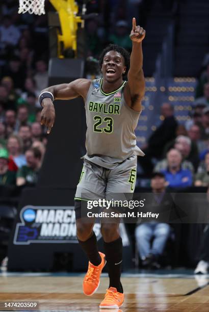 Jonathan Tchamwa Tchatchoua of the Baylor Bears reacts after scoring during the second half against the UC Santa Barbara Gauchos in the first round...