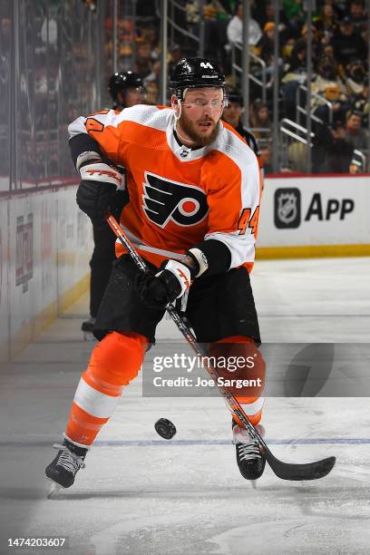 Nicolas Deslauriers of the Philadelphia Flyers skates against the Pittsburgh Penguins at PPG PAINTS Arena on March 11, 2023 in Pittsburgh,...