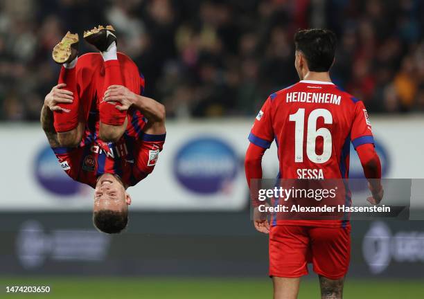 Florian Pick of 1. FC Heidenheim 1846 celebrates after scoring the team's fourth goal during the Second Bundesliga match between 1. FC Heidenheim...