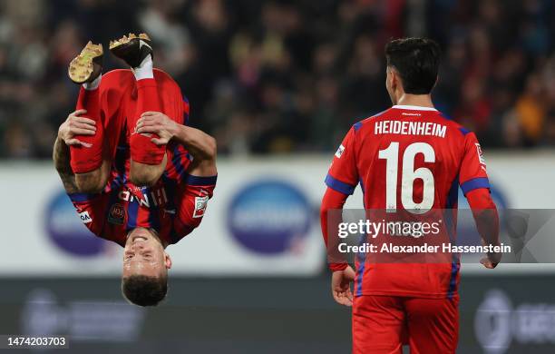 Florian Pick of 1. FC Heidenheim 1846 celebrates after scoring the team's fourth goal during the Second Bundesliga match between 1. FC Heidenheim...