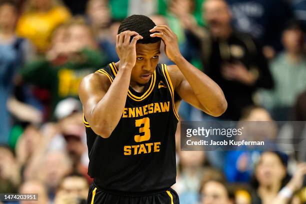 Chris Youngblood of the Kennesaw State Owls looks dejected against Xavier Musketeers during the second half in the first round of the NCAA Men's...