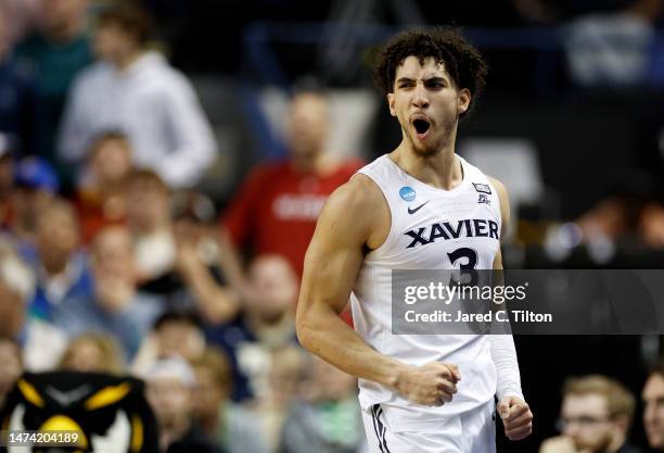 Colby Jones of the Xavier Musketeers celebrates against the Kennesaw State Owls during the second half in the first round of the NCAA Men's...