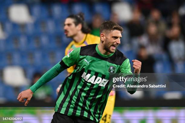 Domenico Berardi of US Sassuolo celebrates after scoring the team's first goal during the Serie A match between US Sassuolo and Spezia Calcio at...