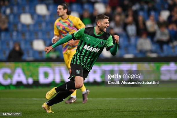 Domenico Berardi of US Sassuolo celebrates after scoring the team's first goal during the Serie A match between US Sassuolo and Spezia Calcio at...