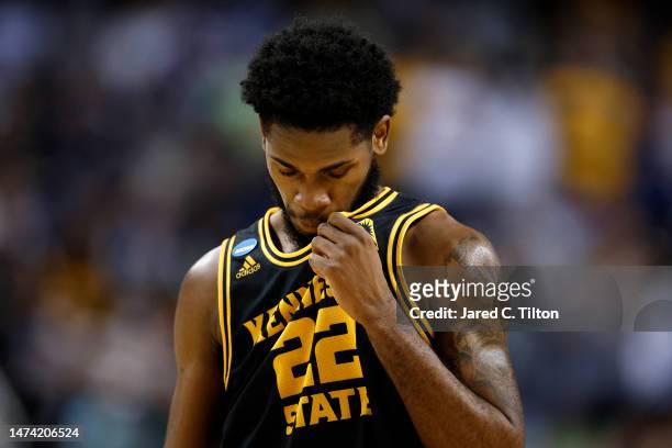 Spencer Rodgers of the Kennesaw State Owls looks dejected against the Xavier Musketeers during the second half in the first round of the NCAA Men's...