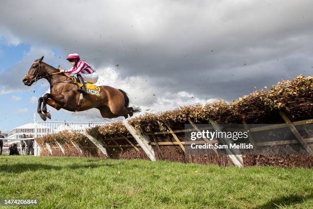Jockey, Rachael Blackmore on Ascending competes in the JCB Triumph Hurdle race during day four, Gold Cup Day, of the Cheltenham Festival 2023 at...