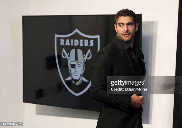 Quarterback Jimmy Garoppolo is introduced at the Las Vegas Raiders Headquarters/Intermountain Healthcare Performance Center on March 17, 2023 in...