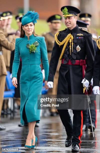Prince William, Prince of Wales and Catherine, Princess of Wales attend the 2023 St. Patrick's Day Parade at Mons Barracks on March 17, 2023 in...