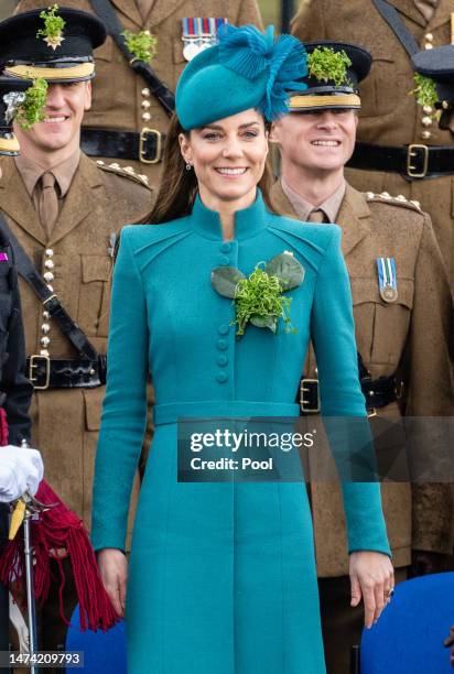 Catherine, Princess of Wales attends the 2023 St. Patrick's Day Parade at Mons Barracks on March 17, 2023 in Aldershot, England.