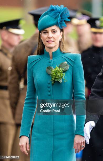 Catherine, Princess of Wales attends the 2023 St. Patrick's Day Parade at Mons Barracks on March 17, 2023 in Aldershot, England.