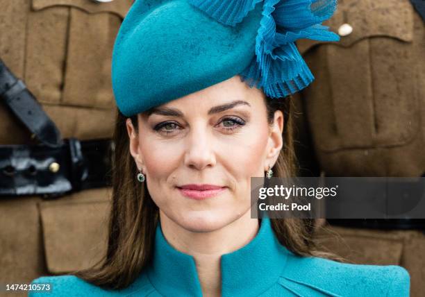 Catherine, Princess of Wales attends the 2023 St. Patrick's Day Parade at Mons Barracks on March 17, 2023 in Aldershot, England.