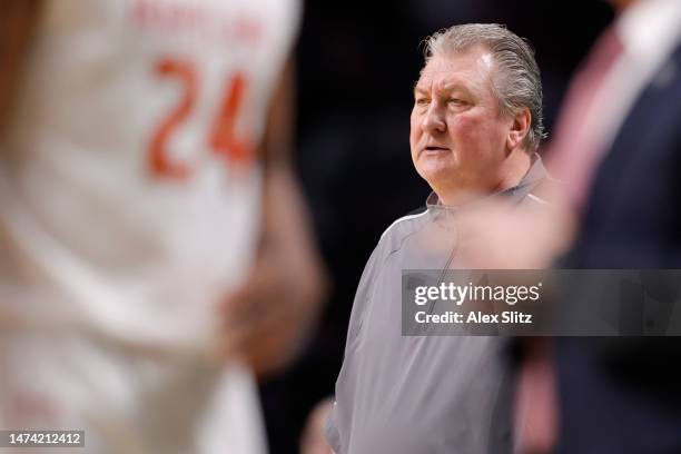 Head coach Bob Huggins of the West Virginia Mountaineers watches down court during the second half in the first round of the NCAA Men's Basketball...