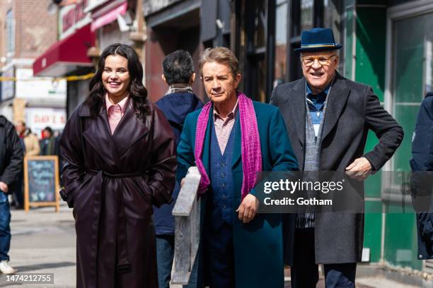 Selena Gomez, Martin Short and Steve Martin are seen filming "Only Murders in the Building" in Queens on March 17, 2023 in New York City.