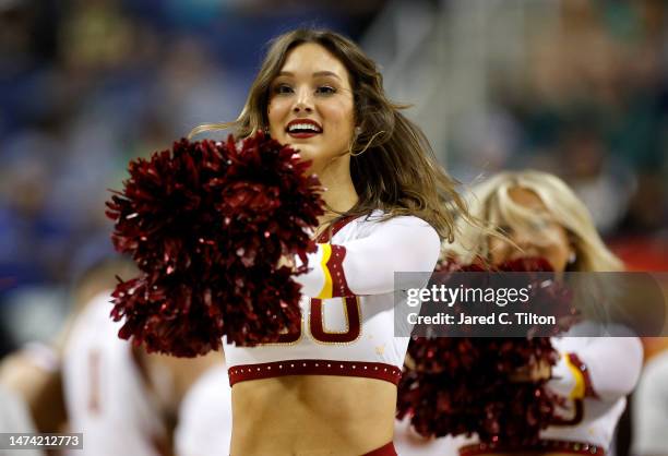 Cheerleader from the Iowa State Cyclones perform in the first round game against the Pittsburgh Panthers in the NCAA Men's Basketball Tournament at...