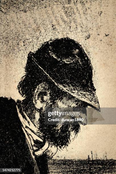 working class man with beard and cap, head down, jugendstil art nouveau, 19th century - solitary stock illustrations