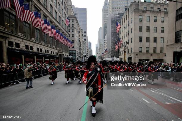 People participate in the Saint Patricks Day Parade on March 17, 2023 in New York City. The Saint Patricks Day Parade was canceled in 2020 due to the...