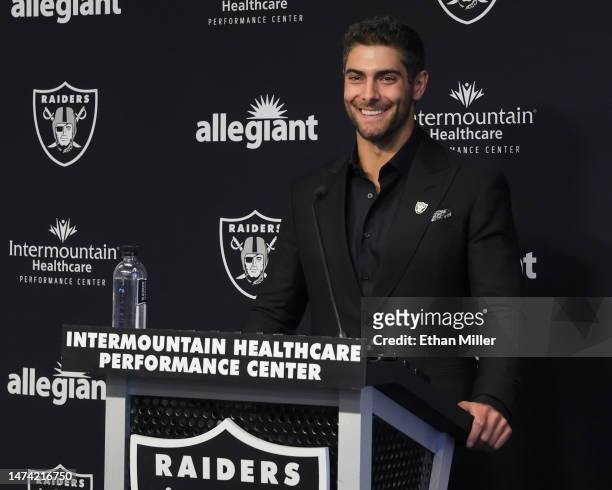 Quarterback Jimmy Garoppolo is introduced at the Las Vegas Raiders Headquarters/Intermountain Healthcare Performance Center on March 17, 2023 in...