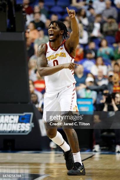 Tre King of the Iowa State Cyclones celebrates after making a play against Pittsburgh Panthers during the first half in the first round of the NCAA...