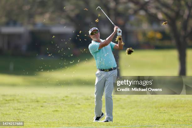 Robert Allenby of Australia hits his second shot on the first hole during the first round of the Hoag Classic at Newport Beach Country Club on March...