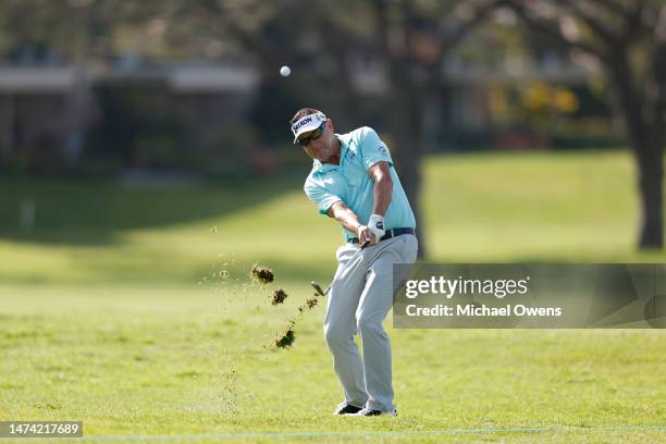 Robert Allenby of Australia hits his second shot on the first hole during the first round of the Hoag Classic at Newport Beach Country Club on March...