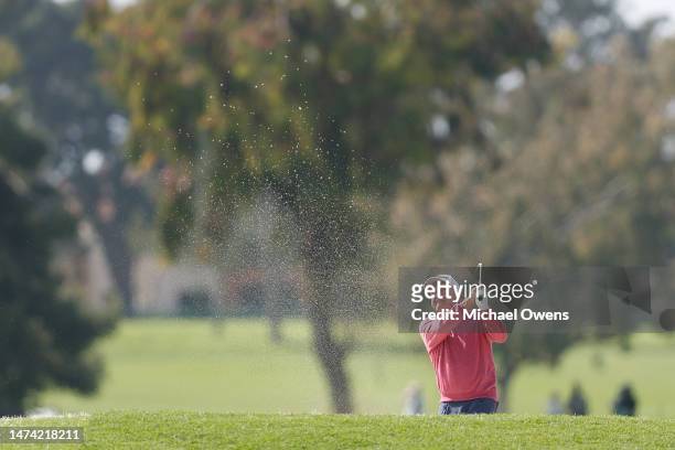 Billy Mayfair of the United States hits his second shot on the 11th hole during the first round of the Hoag Classic at Newport Beach Country Club on...