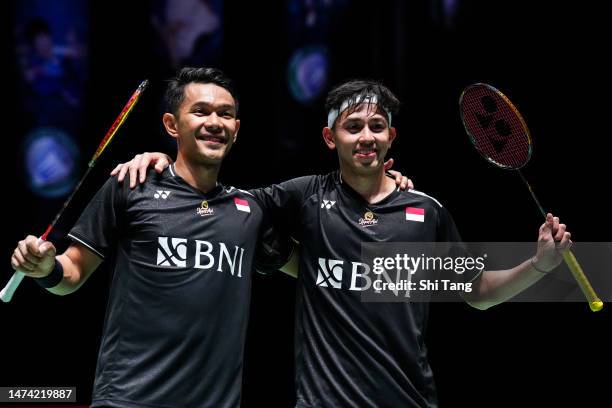 Fajar Alfian and Muhammad Rian Ardianto of Indonesia post for a photo after their Men's Doubles quarter finals match against Muhammad Shohibul Fikri...