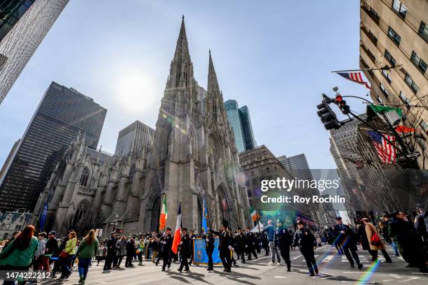 Members of the NYPD march across St. Patrick's Cathedral during the 2023 New York City St. Patrick's Day parade on March 17, 2023 in New York City.