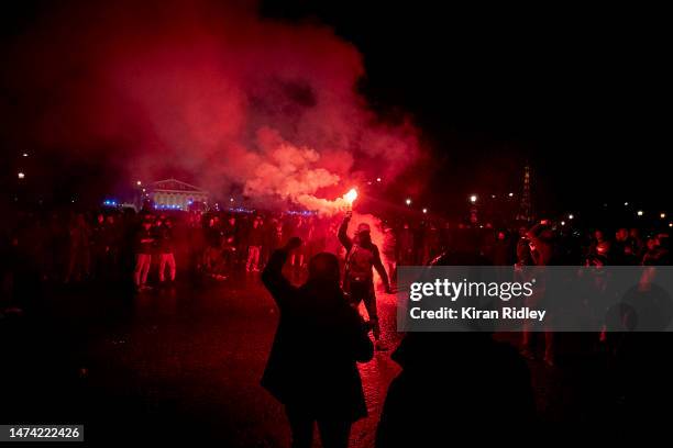 Protesters demonstrate at Place de la Concorde for a second straight night against the French Government's pension reform on March 17, 2023 in Paris,...