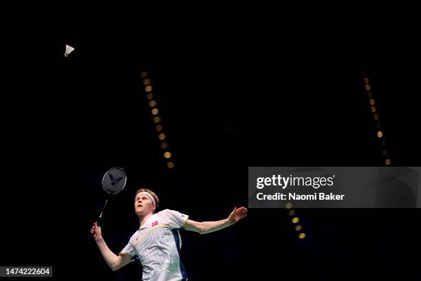 Anders Antonsen of Denmark in action during his Men's singles quarter final match against Anthony Sinisuka Ginting of Indonesia at Utilita Arena...