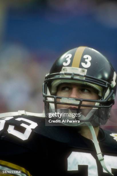 Fullback Merril Hoge of the Pittsburgh Steelers follows the action in the game between the Buffalo Bills vs the Pittsburgh Steelers AFC Divisional...