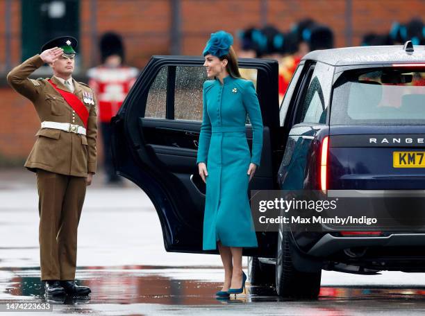 Catherine, Princess of Wales arrives in her Range Rover car to attend the 2023 St. Patrick's Day Parade at Mons Barracks on March 17, 2023 in...