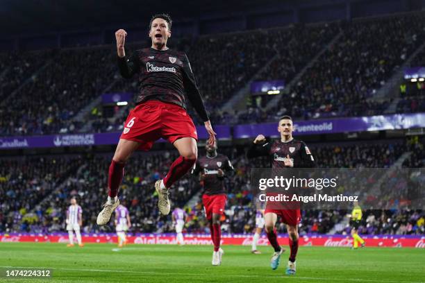 Mikel Vesga of Athletic Club celebrates after scoring the team's third goal from a penalty during the LaLiga Santander match between Real Valladolid...