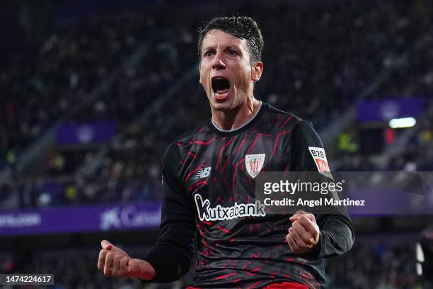 Mikel Vesga of Athletic Club celebrates after scoring the team's third goal from a penalty during the LaLiga Santander match between Real Valladolid...