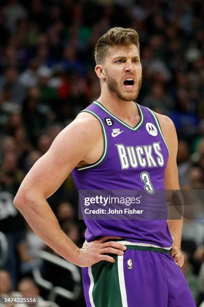 Meyers Leonard of the Milwaukee Bucks reacts to a call during the second half of the game against the Indiana Pacers at Fiserv Forum on March 16,...