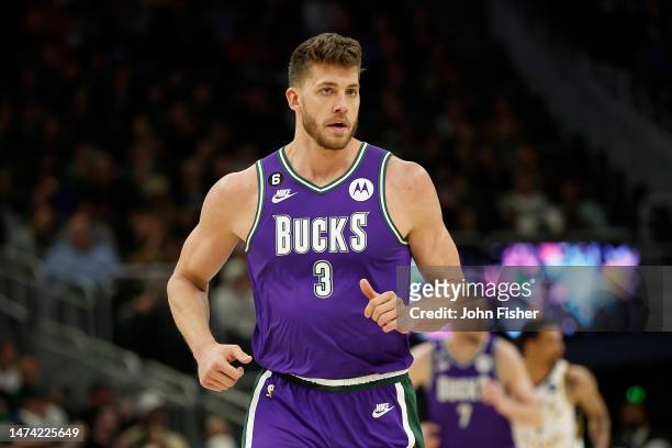 Meyers Leonard of the Milwaukee Bucks runs down court during the second half of the game against the Indiana Pacers at Fiserv Forum on March 16, 2023...