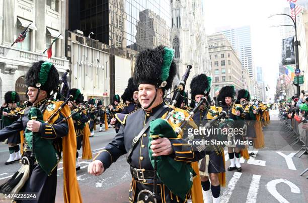 The Emerald Society of Police Department, City of New York band marches in the St. Patrick's Day Parade along 5th Avenue on March 17, 2023 in New...