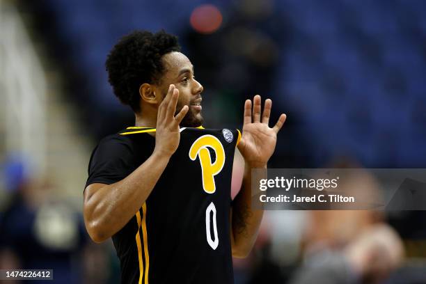 Nelly Cummings of the Pittsburgh Panthers celebrates after defeating the Iowa State Cyclones 59-41 in the first round of the NCAA Men's Basketball...