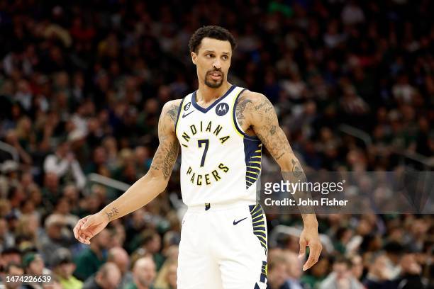 George Hill of the Indiana Pacers walks down court during the first half of the game against the Milwaukee Bucks at Fiserv Forum on March 16, 2023 in...
