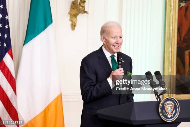 President Joe Biden speaks during a St. Patrick's Day reception in the East Room of the White House on March 17, 2023 in Washington, DC. Throughout...