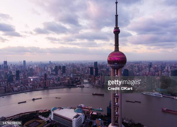 shanghai modern skyscrapers skyline from above at twilight time - shanghai tower stock pictures, royalty-free photos & images