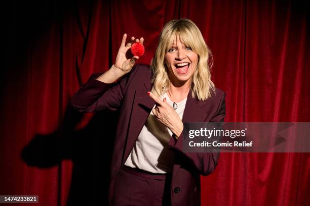 Zoe Ball poses during the Red Nose Day night of TV for Comic Relief on March 17, 2023 in Manchester, England.
